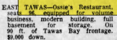 Ossies Lakeview Restaurant (Ossies Lakeview Grill) - Mar 1 1963 For Sale